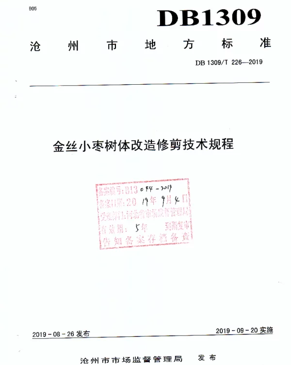 DB1309T 226-2019 金丝小枣树体改造修剪技术规程