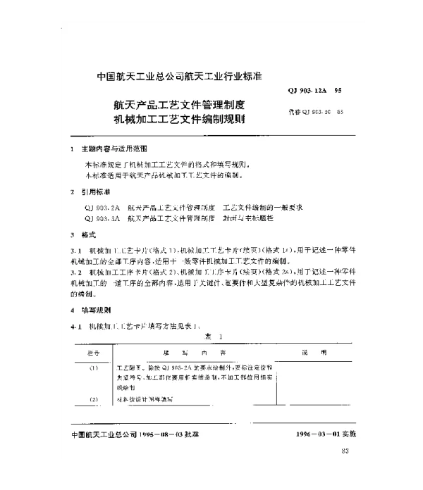 QJ 903.12A-1995 航天产品工艺文件管理制度 机械加工工艺文件编制规则
