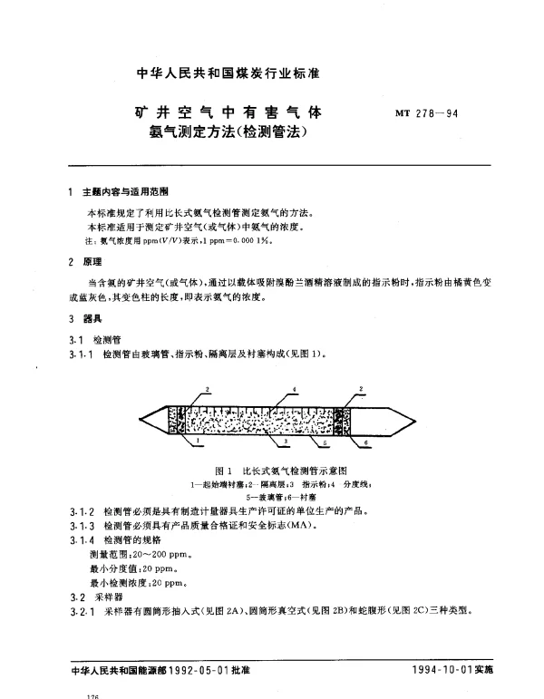 MT 278-1994 矿井空气中有害气体.氨气测定方法(检测管法)