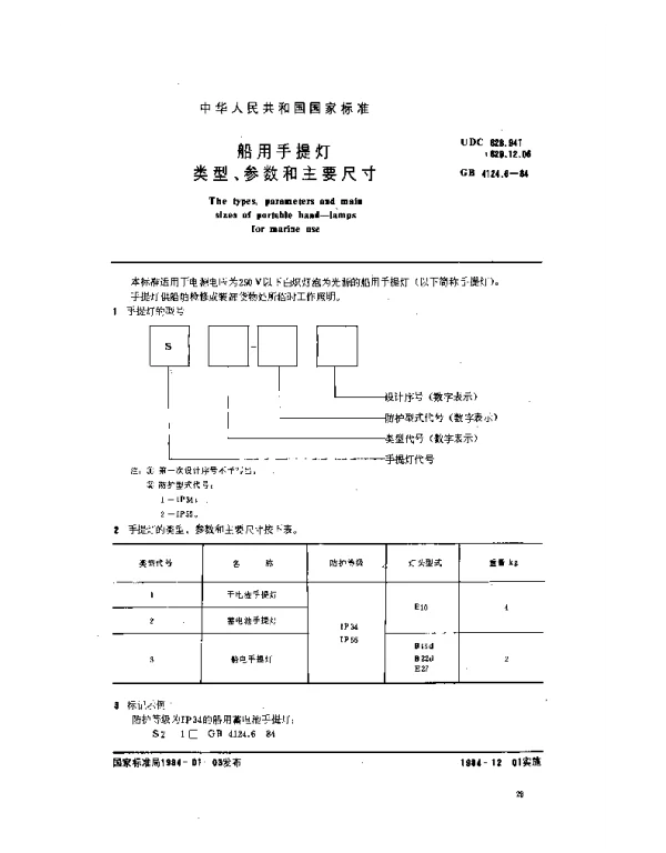 GB 4124.6-1984 船用手提灯类型、参数和主要尺寸