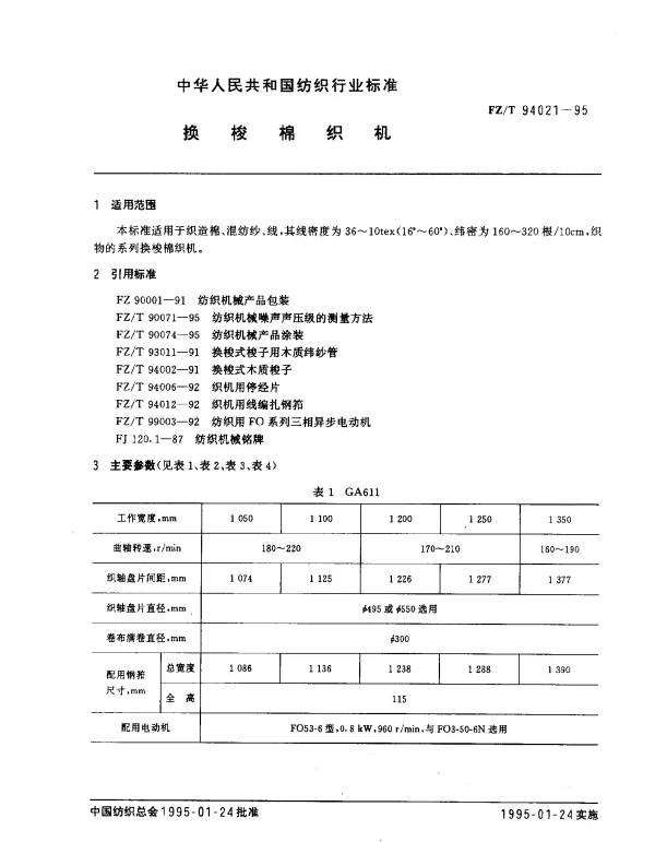 FZT 94021-1995 换梭棉织机