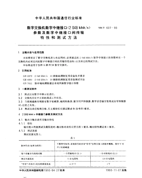 YDT 627-1993 数字交换机数字中继接口(2048kbits)参数及数字中继接口间传输特性和测试方法