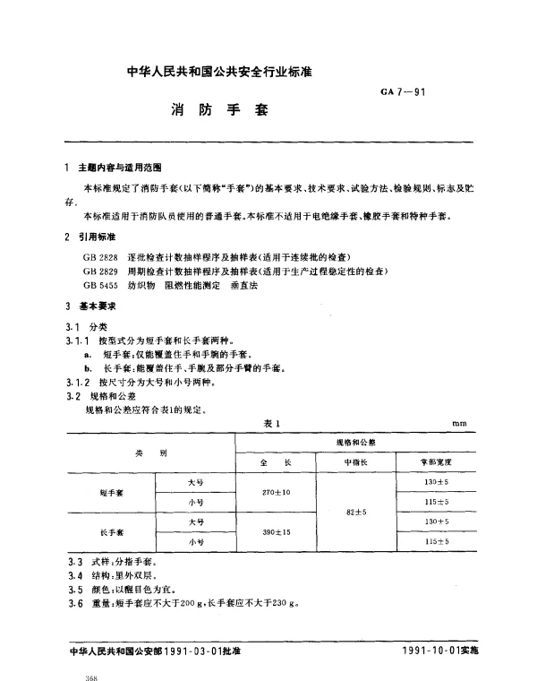 GA 7-1991 消防手套