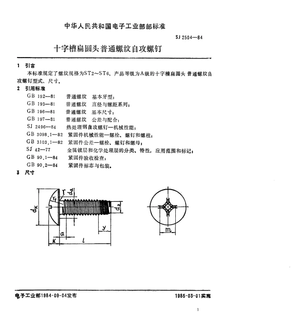 SJ 2504-1984 十字槽扁圆头普通螺纹自攻螺钉
