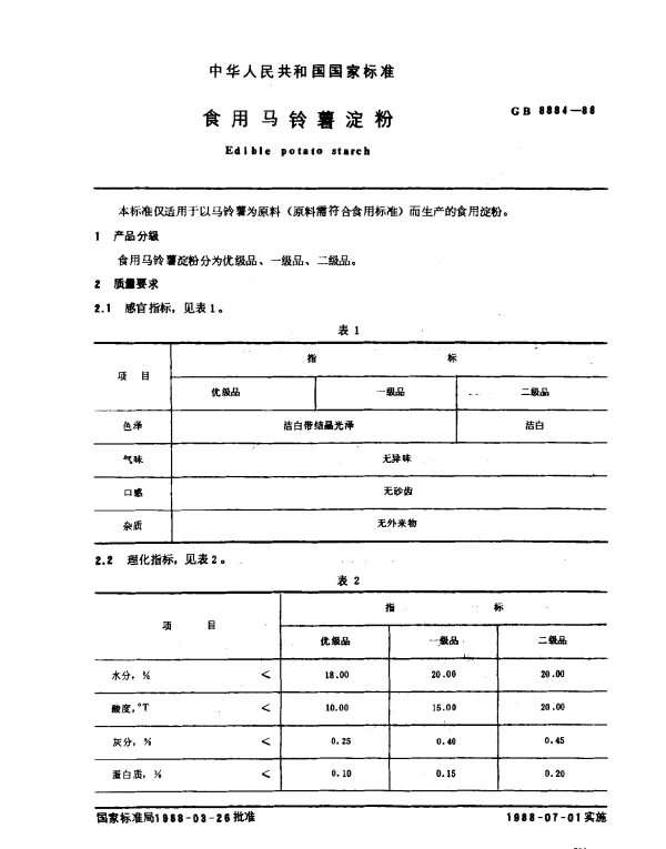 GB 8884-1988 食用马铃薯淀粉