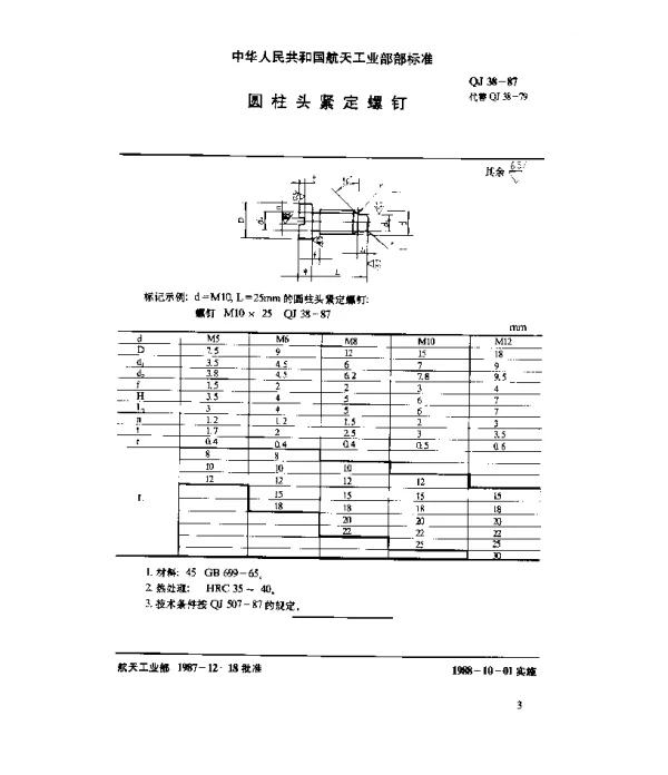 QJ 38-1987 通用零件 圆柱头紧定螺钉