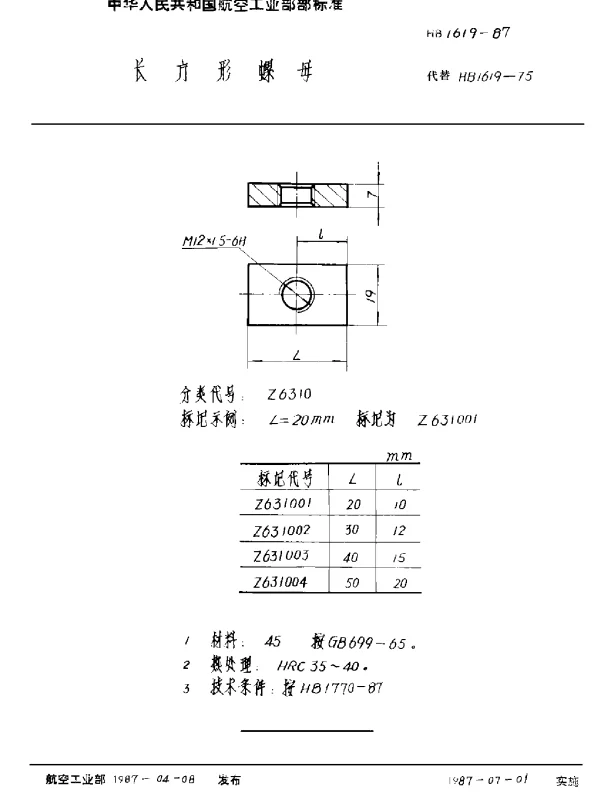 HB 1619-1987 长方形螺母