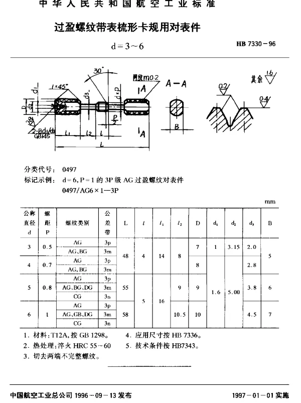 HB 7330-1996 过盈螺纹带表梳形卡规用对表件.d=3~6