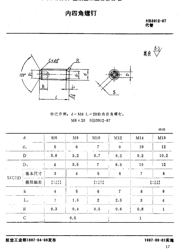 HB 3912-1987 内四角螺钉