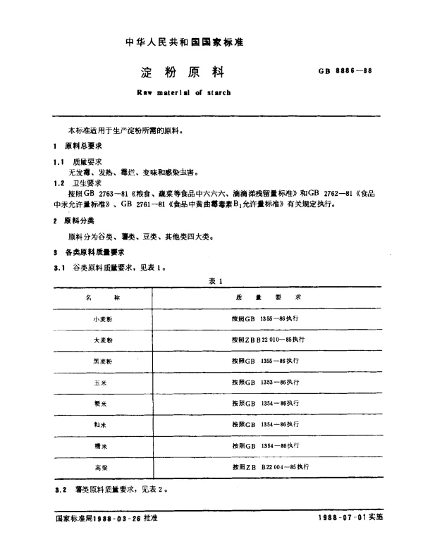 GB 8886-1988 淀粉原料