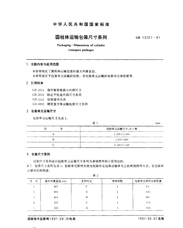 GB 13201-1991 圆柱体运输包装尺寸系列