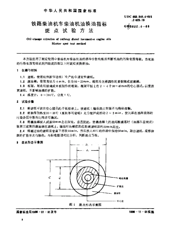 GBT 5822.4-1986 铁路柴油机车柴油机油换油指标斑点试验方法