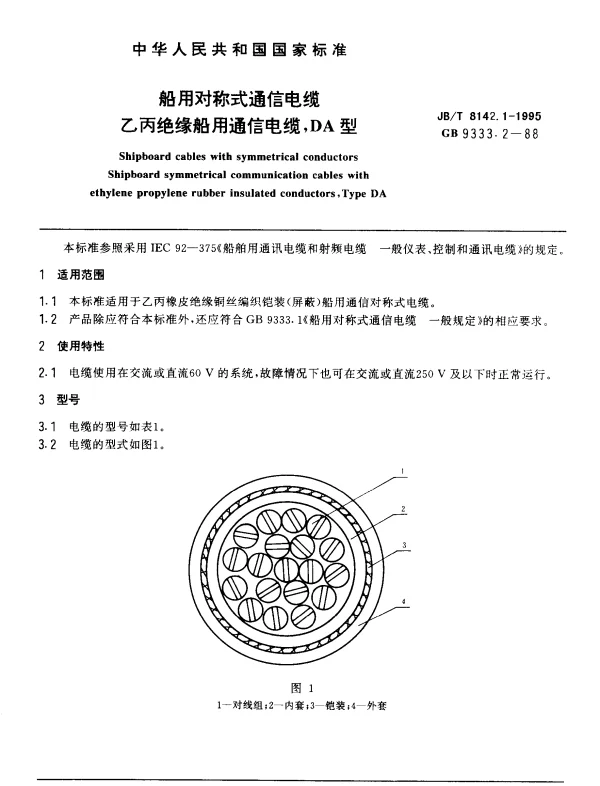 JBT 8142.1-1995 船用对称式通信电缆.乙丙绝缘船用通信电缆,DA型