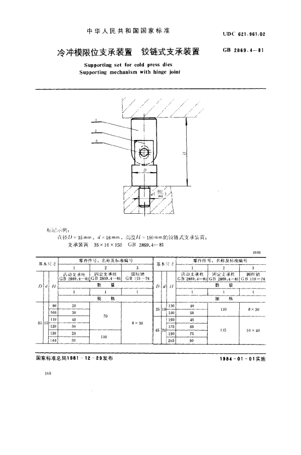 GB 2869.4-1981 冷冲模限位支承装置 铰链式支承装置