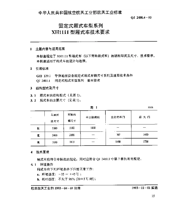 QJ 2480.4-1993 固定式厢式车型系列 XH1111型厢式车技术要求
