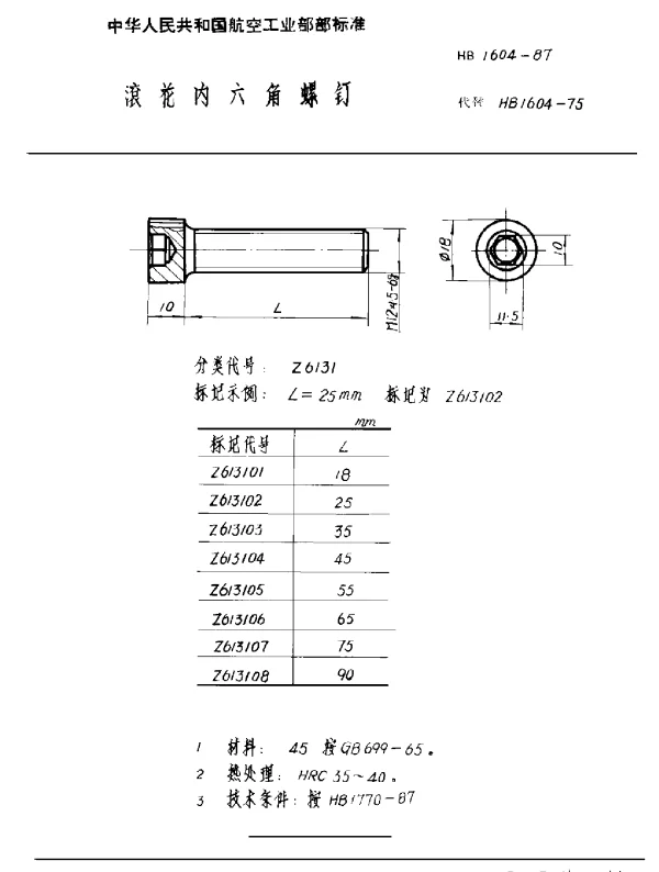 HB 1604-1987 滚花内六角螺钉