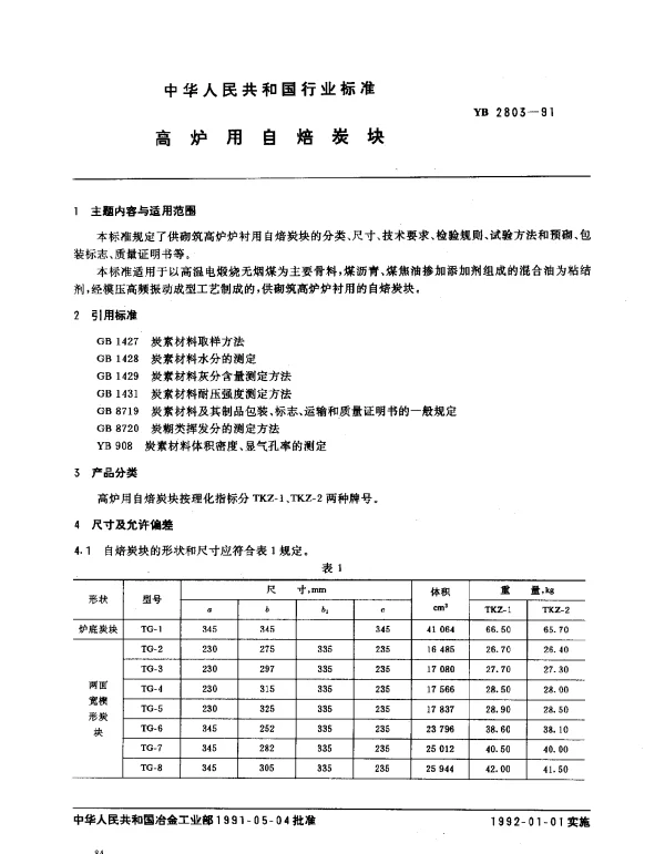 YB 2803-1991 高炉用自焙碳块