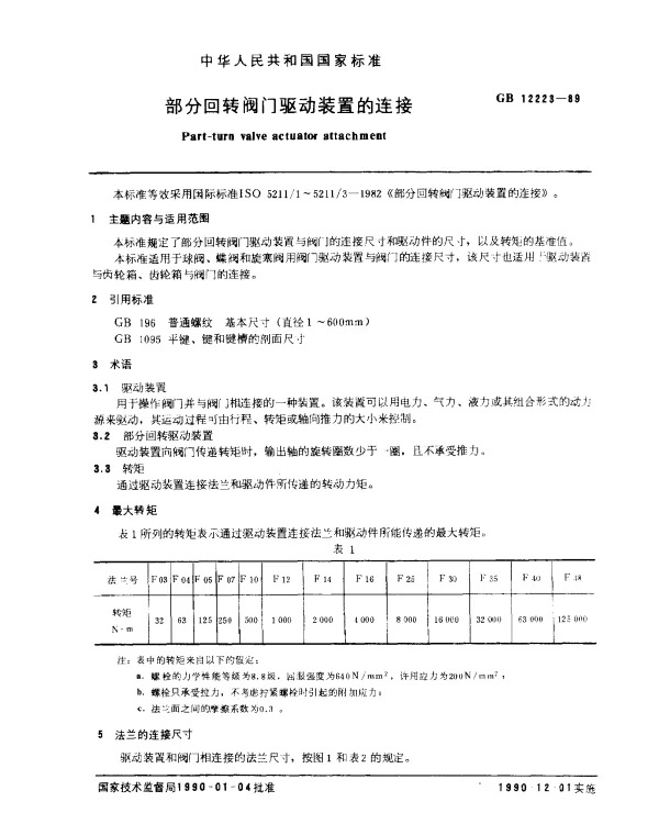 GB 12223-1989 部分回转阀门驱动装置的连接