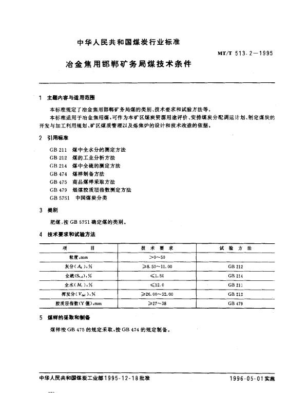 MTT 513.2-1995 冶金焦用邯郸矿务局煤技术条件
