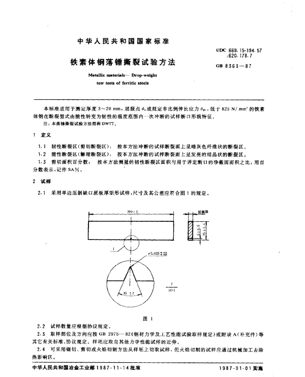 GB 8363-1987 铁素体钢落锤撕裂试验方法