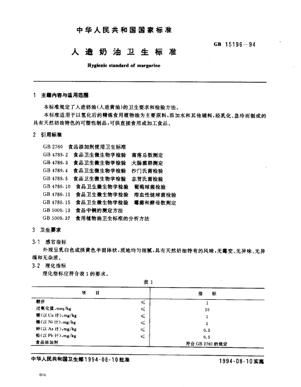 GB 15196-1994 人造奶油卫生标准