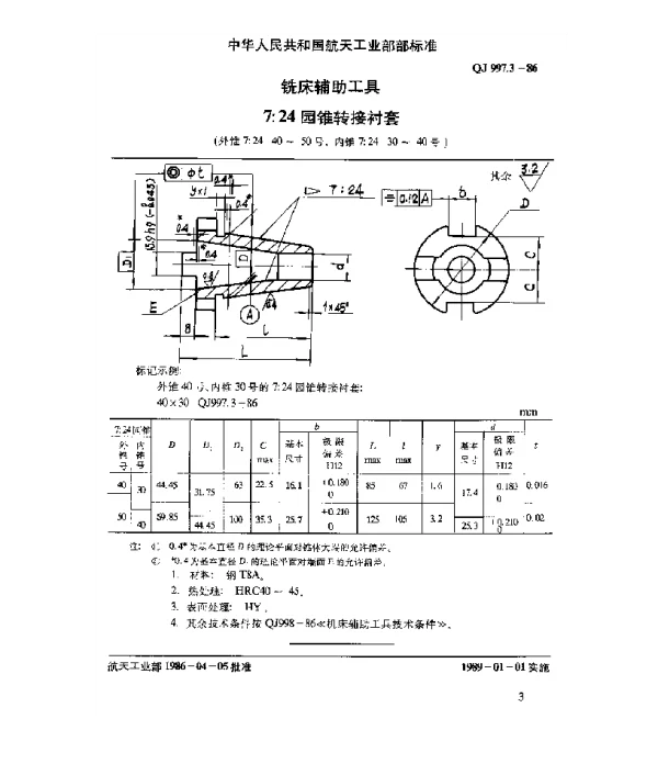 QJ 997.3-1986 铣床辅助工具 7∶24圆锥转接衬套(外锥7∶24 40~50号 内锥7∶24 30~40号)