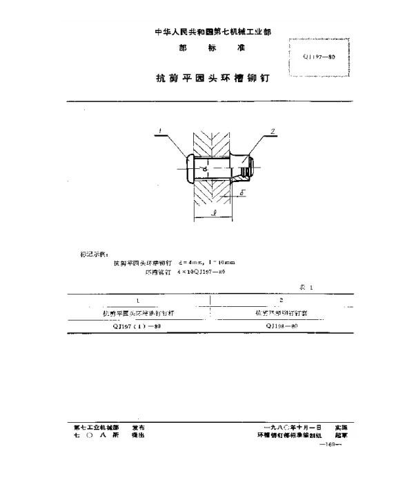QJ 197-1980 抗剪平圆头环槽铆钉