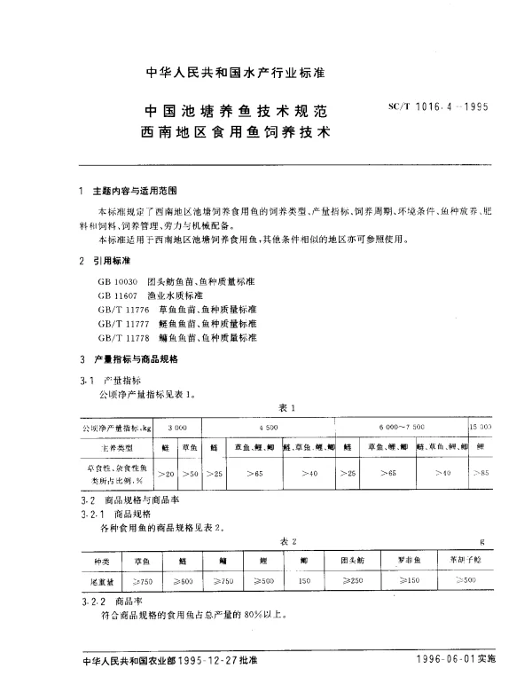 SCT 1016.4-1995 中国池塘养鱼技术规范.西南地区食用鱼饲养技术