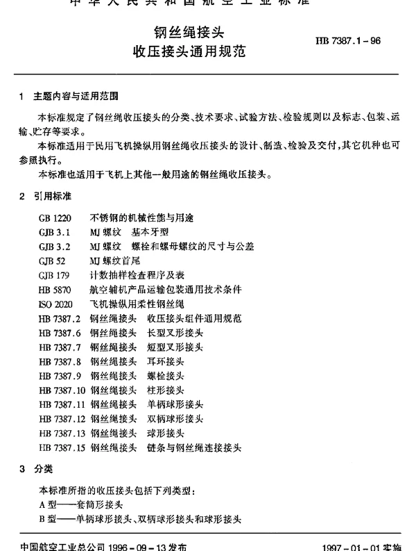 HB 7387.1-1996 钢丝绳接头.收压接头通用规范