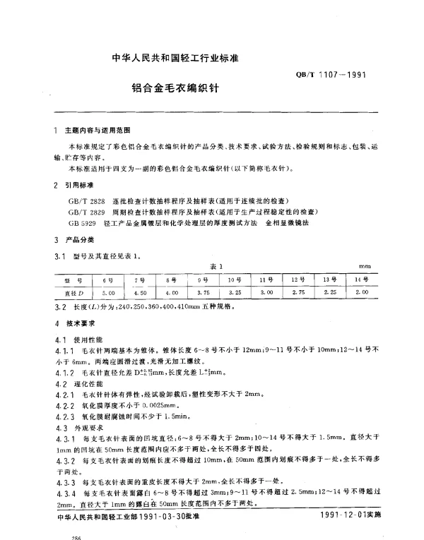 QBT 1107-1991 铝合金毛衣编织针