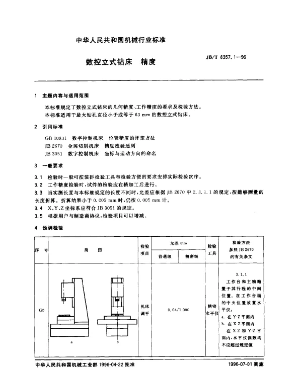 JBT 8357.1-1996 数控立式钻床 精度