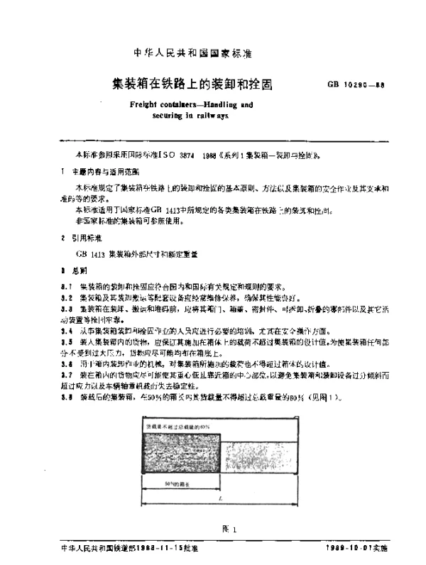 GB 10290-1988 集装箱在铁路上的装卸和拴固