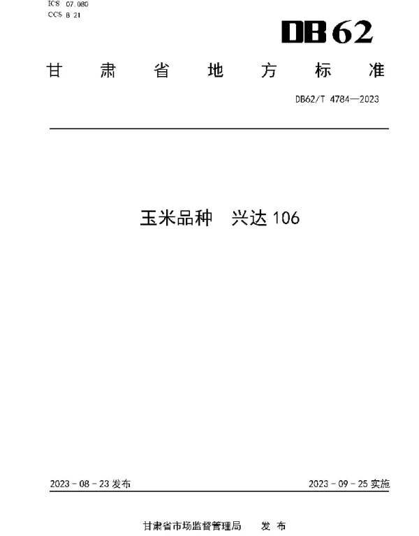 DB62T 4784-2023 玉米品种 兴达106