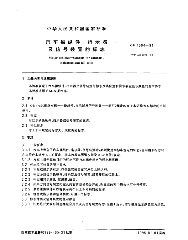 GB 4094-1994 汽车操纵件、指示器及信号装置的标志