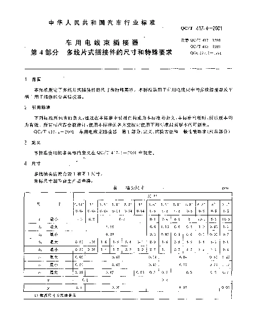 QCT 417.4-2001 车用电线束插接器 第4部分 多线片式插接件的尺寸和特殊要求