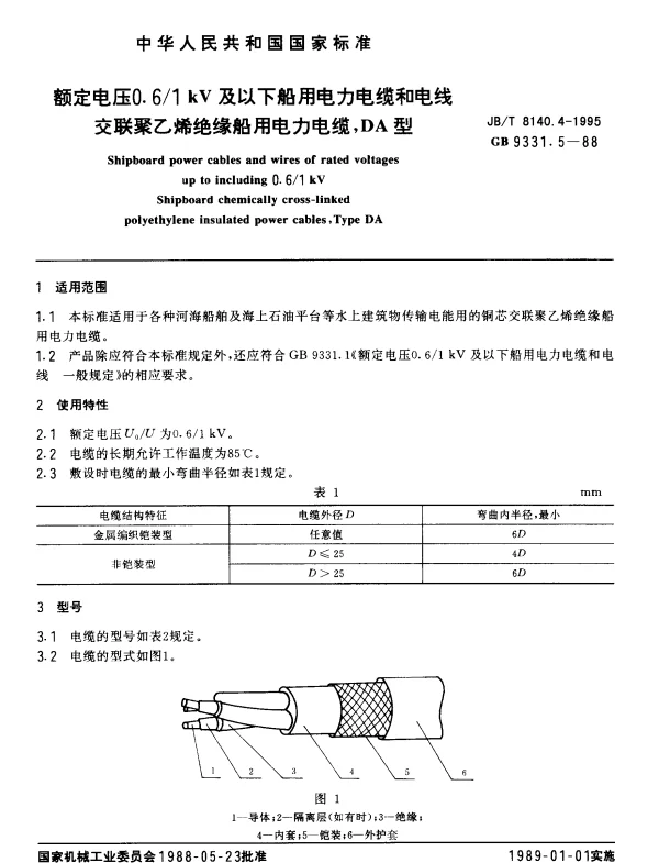 JBT 8140.4-1995 额定电压0.61kV及以下船用电力电缆和电线交联聚乙烯绝缘船用电力电缆,DA型