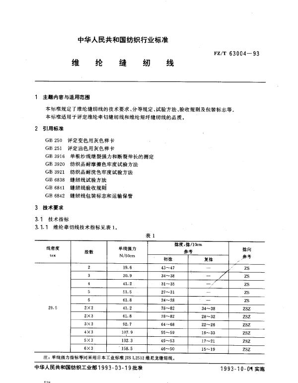 FZT 63004-1993 维纶缝纫线