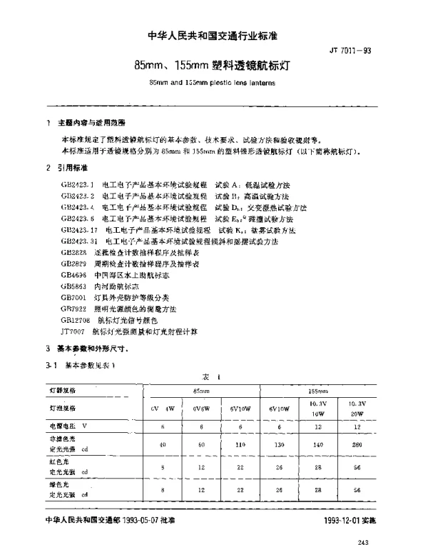 JT 7011-1993 85mm、155mm塑料透镜航标灯