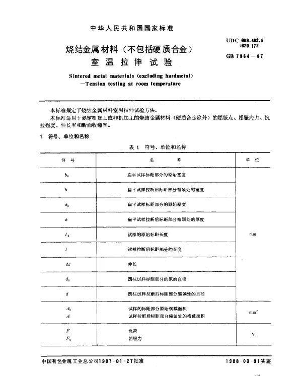 GB 7964-1987 烧结金属材料（不包括硬质合金）室温拉伸试验