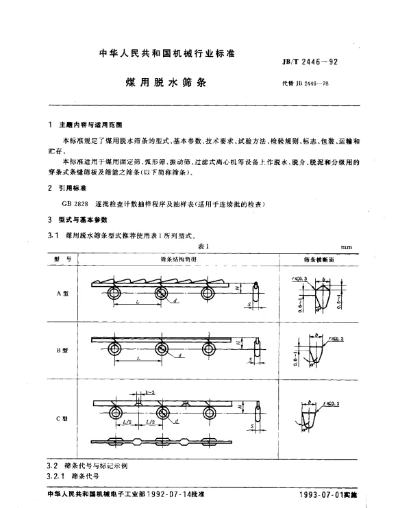 JBT 2446-1992 煤用脱水筛条
