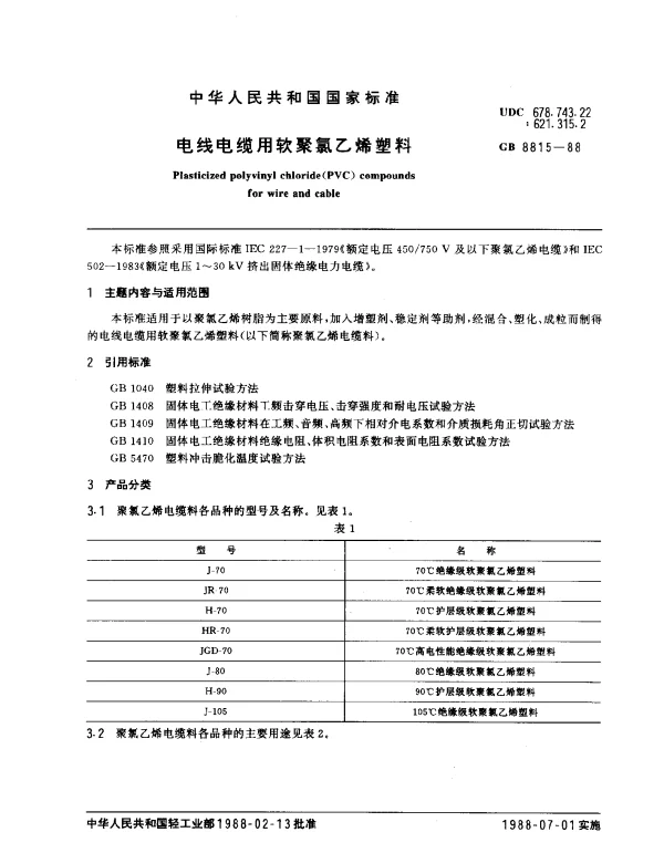 GB 8815-1988 电线电缆用软聚氯乙烯塑料