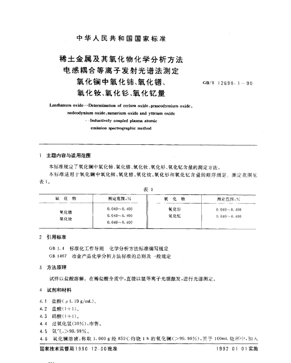 GBT 12690.1-1990 稀土金属及其氧化物化学分析方法 电感耦合等离子发射光谱法测定氧化镧中氧化铈、氧化镨、氧化钕、氧化钐、氧化钇量