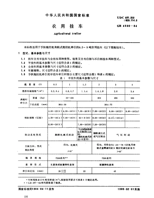 GB 4330-1984 农用挂车