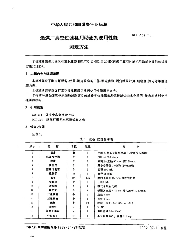 MT 261-1991 选煤厂真空过滤机用助滤剂使用性能测定方法