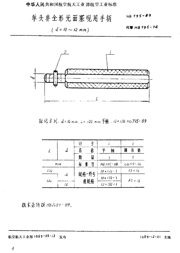 HB 795-1989 单头非全形光面塞规用手柄(d=10~12mm)