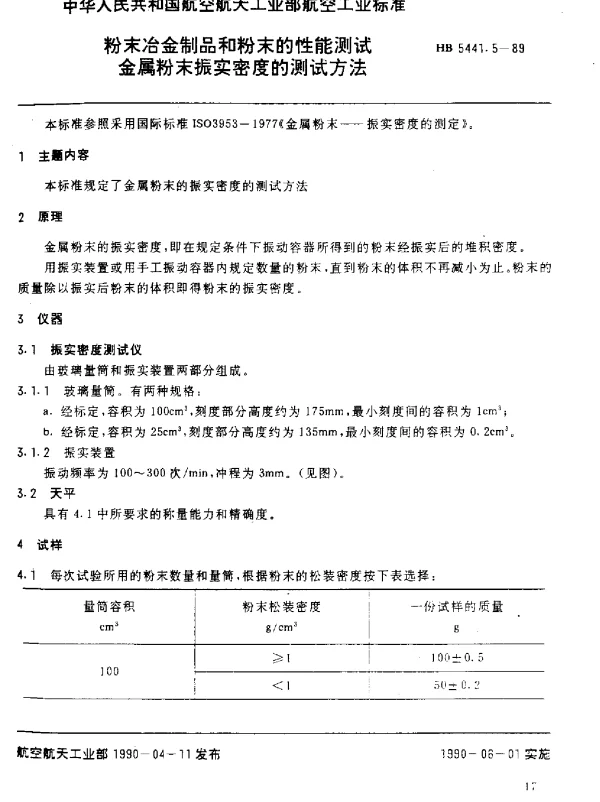 HB 5441.5-1989 粉末冶金制品和粉末的性能测试.金属粉末振实密度的测试方法