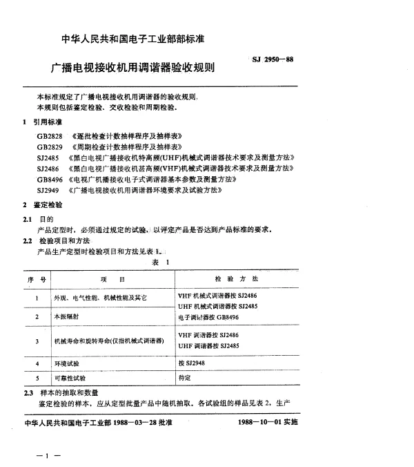 SJ 2950-1988 广播电视接收机用调谐器验收规则