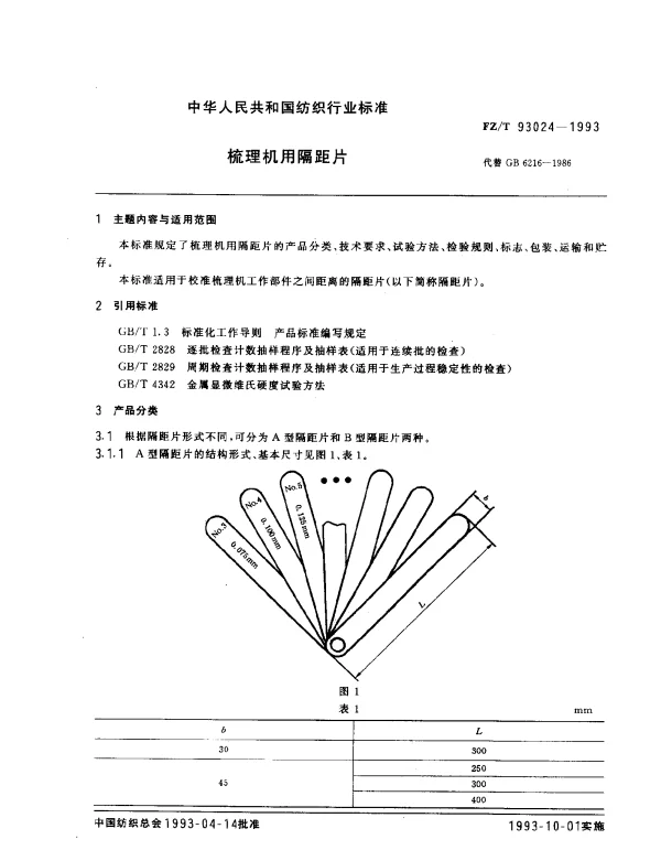 FZT 93024-1993 梳理机用隔距片