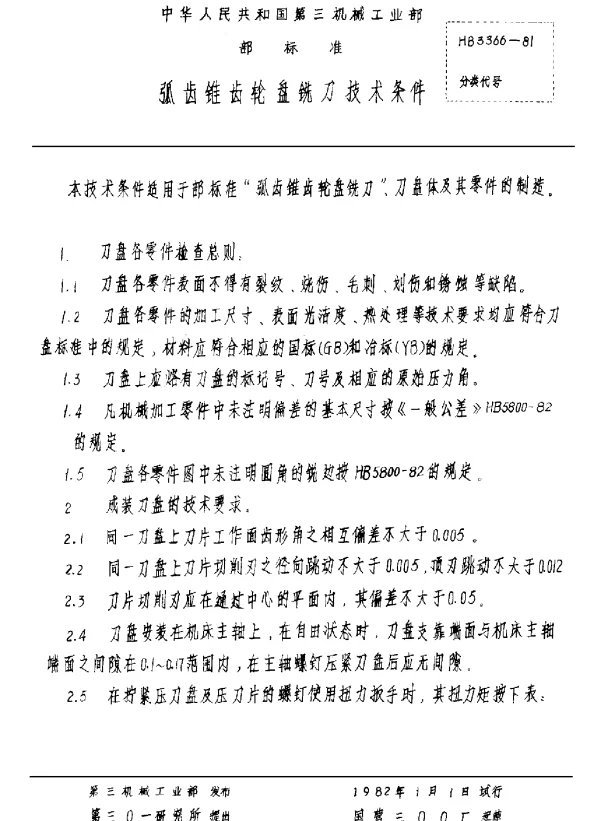 HB 3366-1981 弧齿锥齿轮盘铣刀技术条件