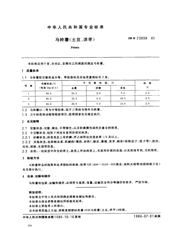 ZB B 23008-1985 马铃薯（土豆、洋芋）